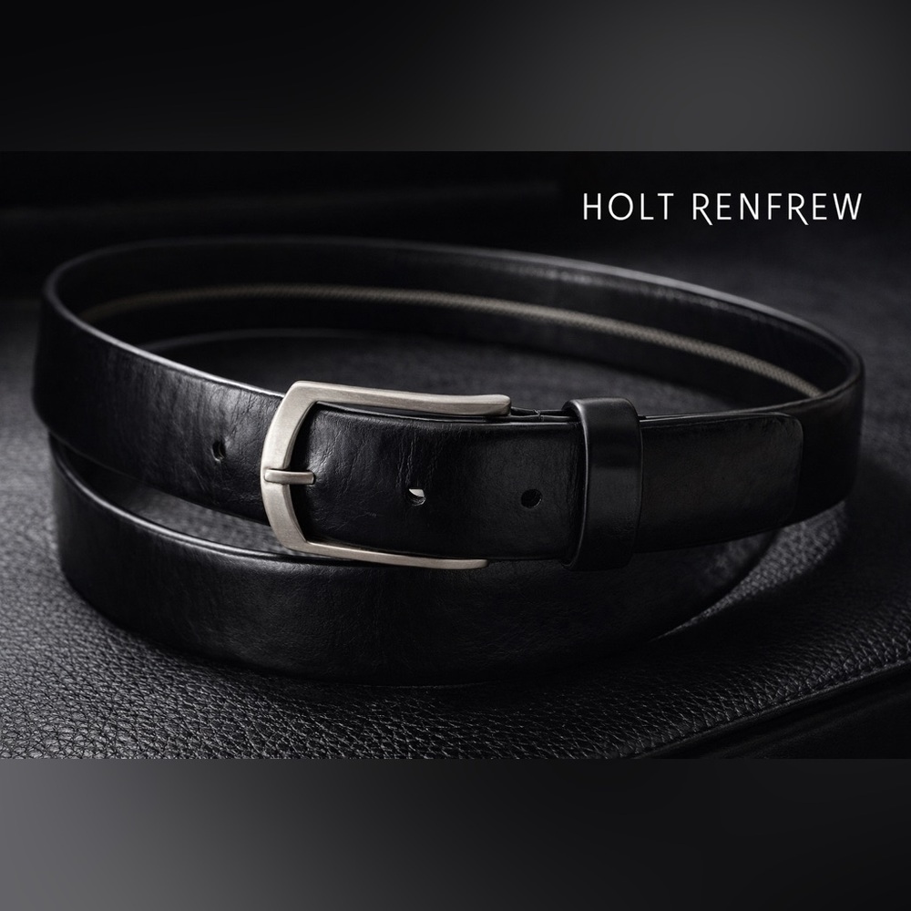 Holt Renfrew Classic Black Leather Men's Belt 38” or 95cm Silver Buckle
